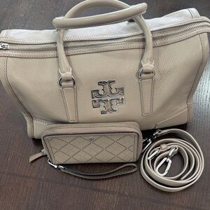Tory Burch Taupe Pebbled Leather Satchel with Wallet and Strap